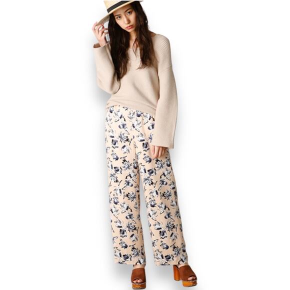 Moussy Satin Wide Leg Floral Wide Leg Pants Lined Women's 1 Small Cream Tropical - Picture 1 of 8